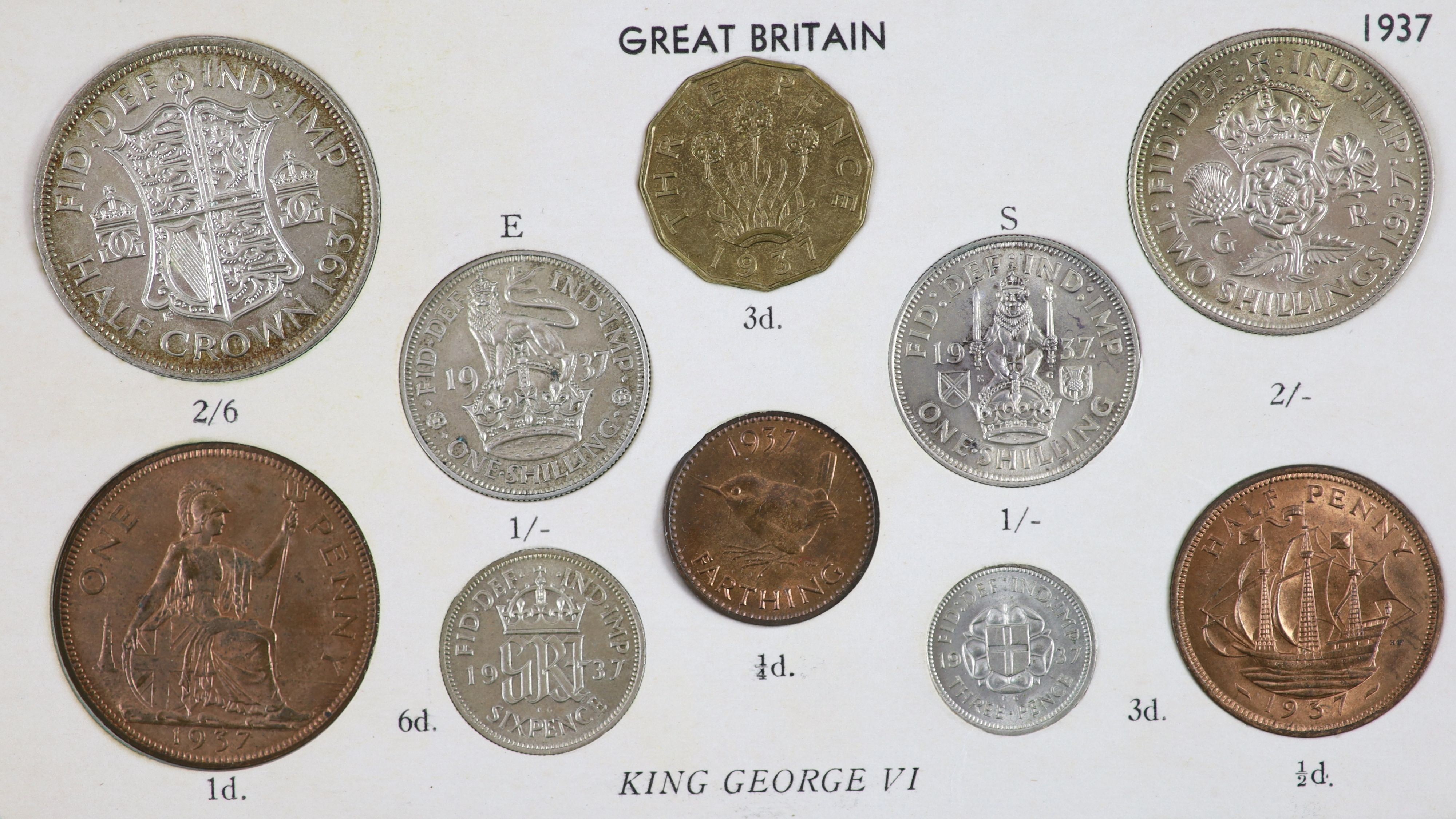 George VI specimen set of eleven coins, 1937, first coinage, comprising Crown, halfcrown, florin, ‘English’ & ‘Scottish’ shillings, sixpence, brass threepence, silver threepence, about EF, the penny, halfpenny and farthi